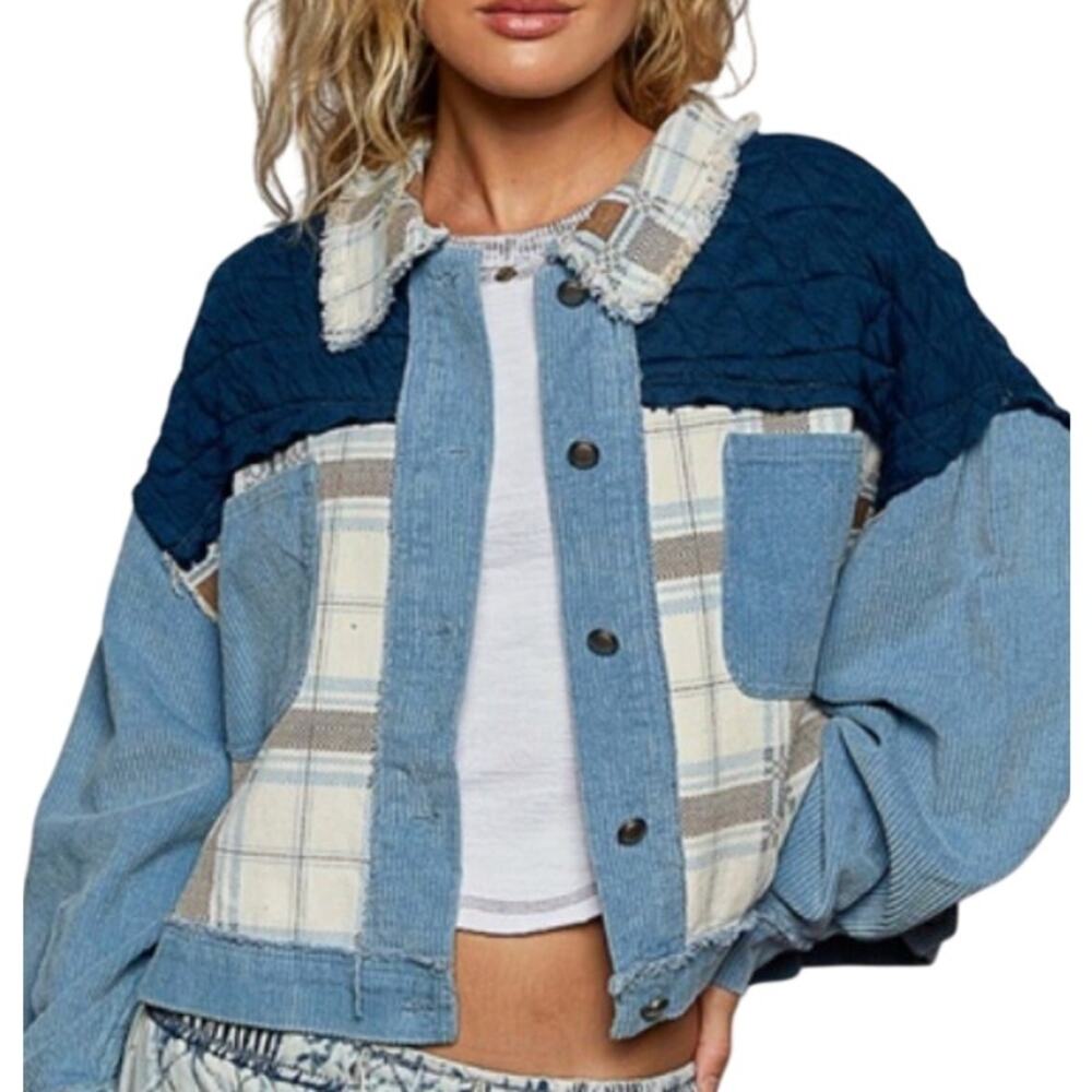 POL Patchwork Plaid Corduroy Jacket Size Small Blue Quilted Shacket Raw Hem